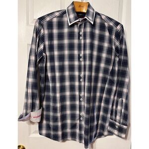 Brio Mens Navy Blue Pink Plaid Long Sleeve ButtonDown Contrast Collar Shirt 16.5